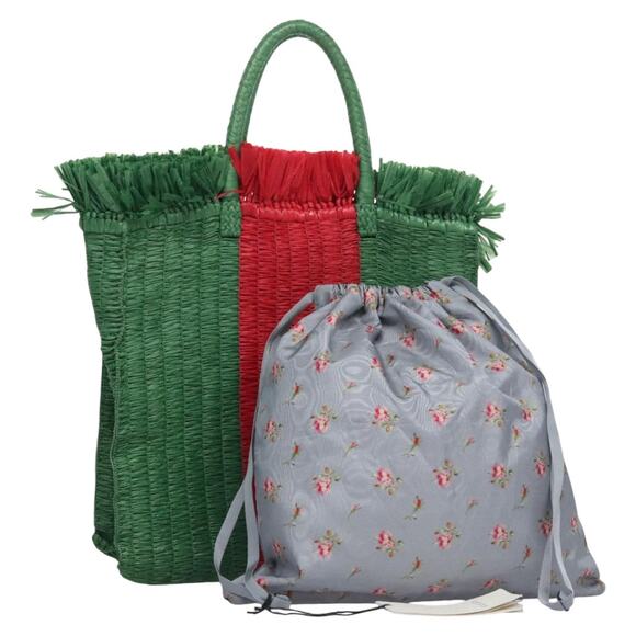 GUCCI Web Sherry Line Hand Bag Raffia Red Green - Picture 1 of 16